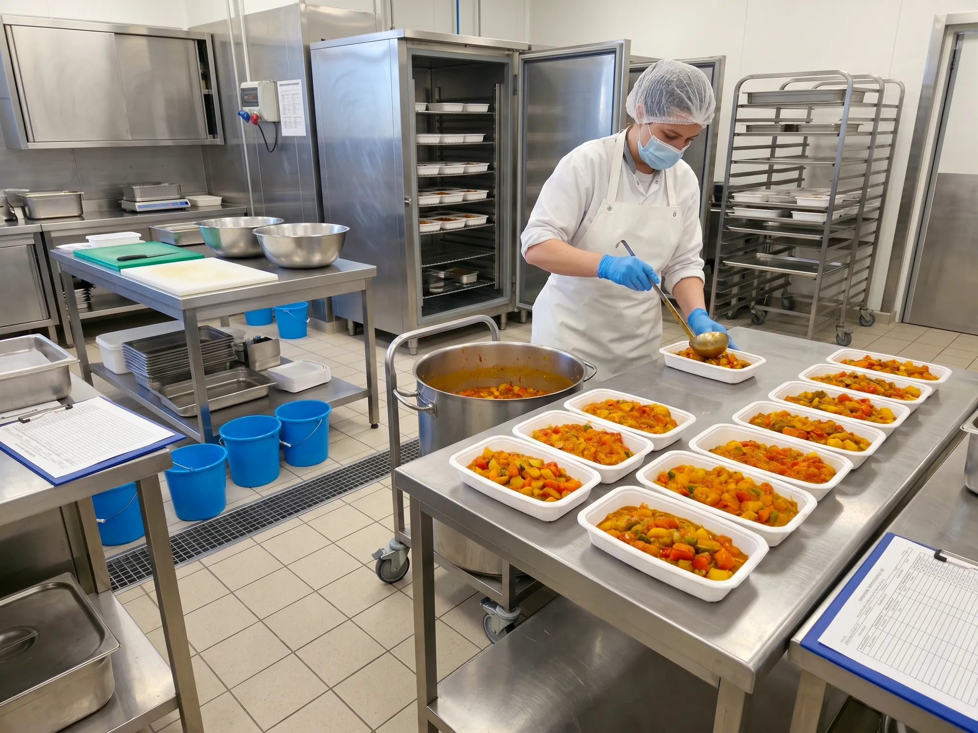 Cuisine centrale en production, contenants inox