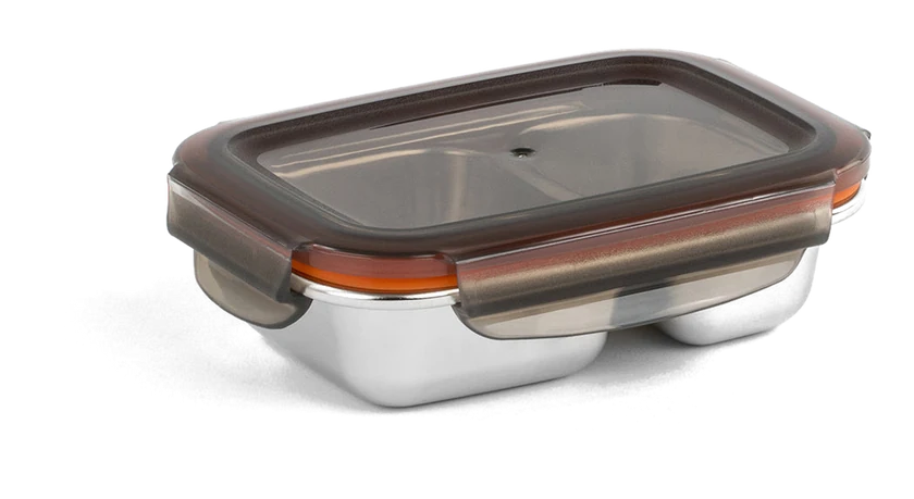 Boîte compartimentée inox Cuitisan 370 ml à deux compartiments, couvercle Tritan transparent à clips
