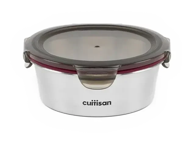 Boîte ronde inox Cuitisan 640 ml et son couvercle hermétique à clips