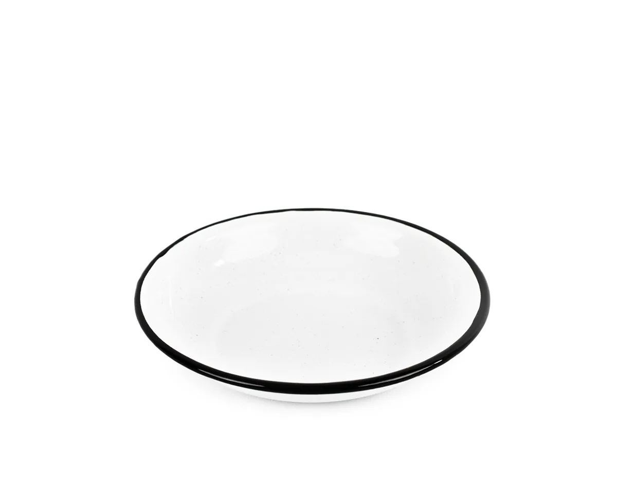 Assiette creuse émaillée, finition blanc bordé de noir