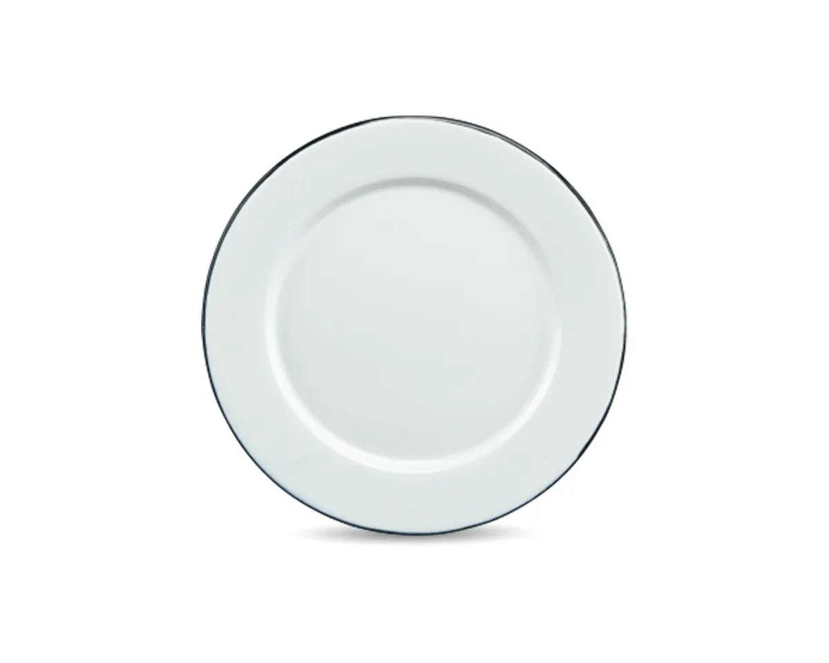 Assiette plate émaillée, finition blanc bordé de noir