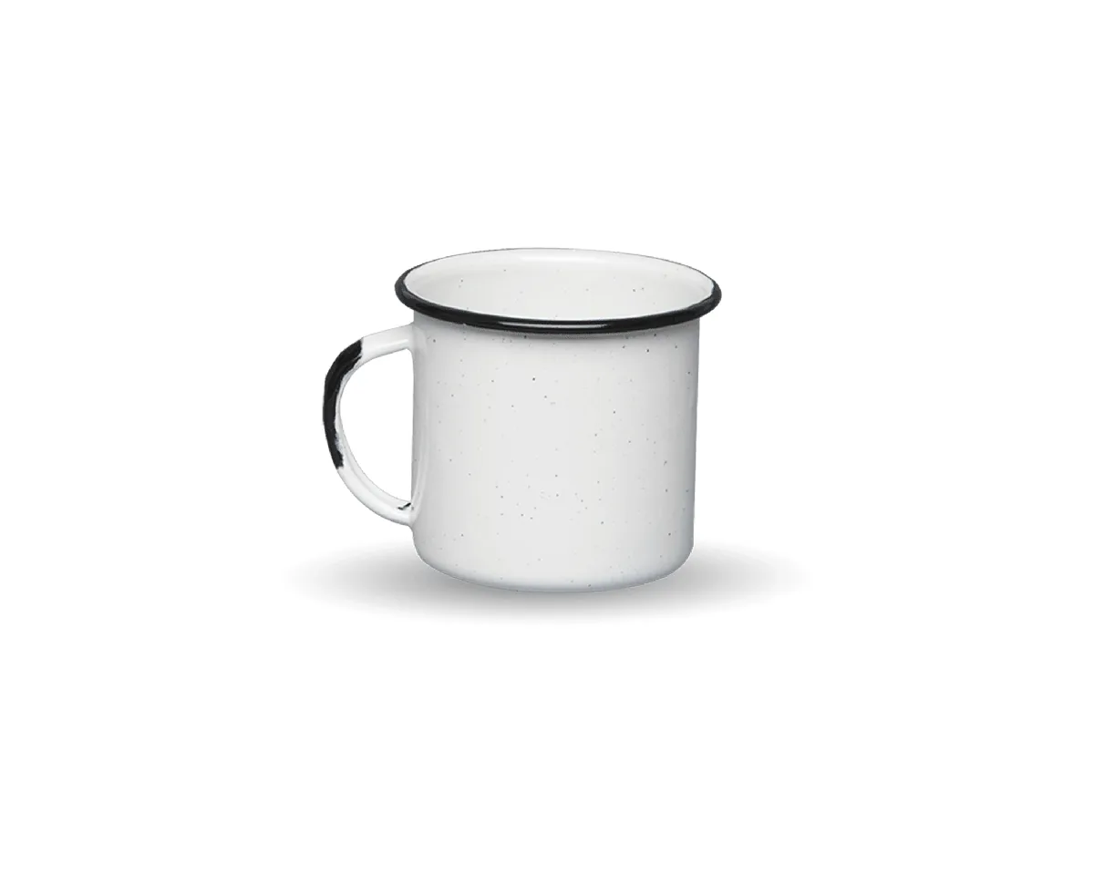 Tasse haute émaillée, finition blanc bordé de noir