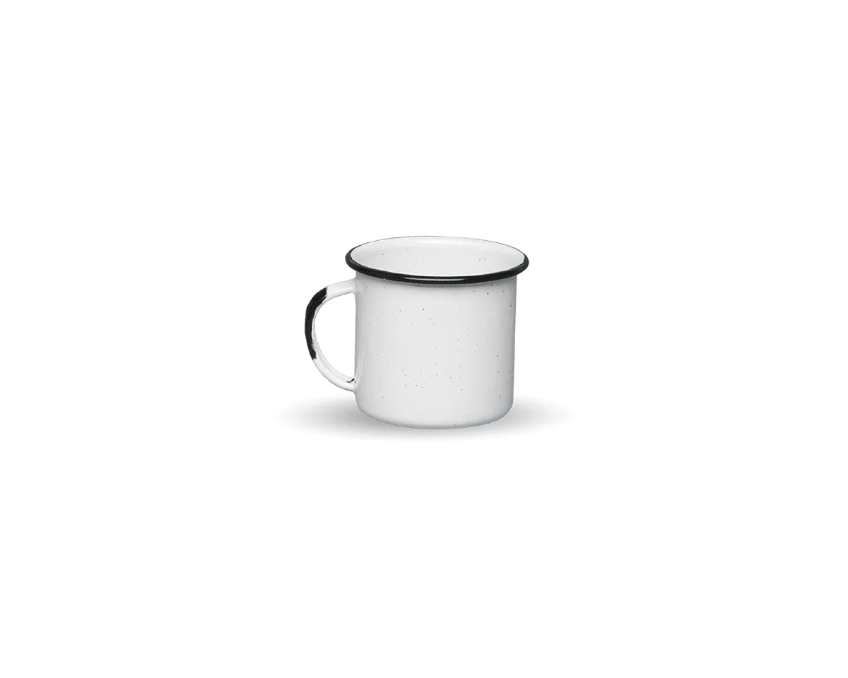 Tasse à café émaillée, finition blanc bordé de noir