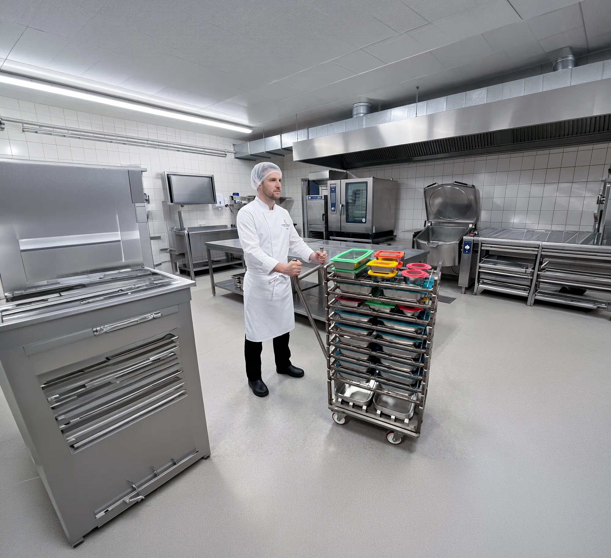 Dans une cuisine centrale, un agent déplace une échelle chargée de bacs GN inox à couvercles colorés.