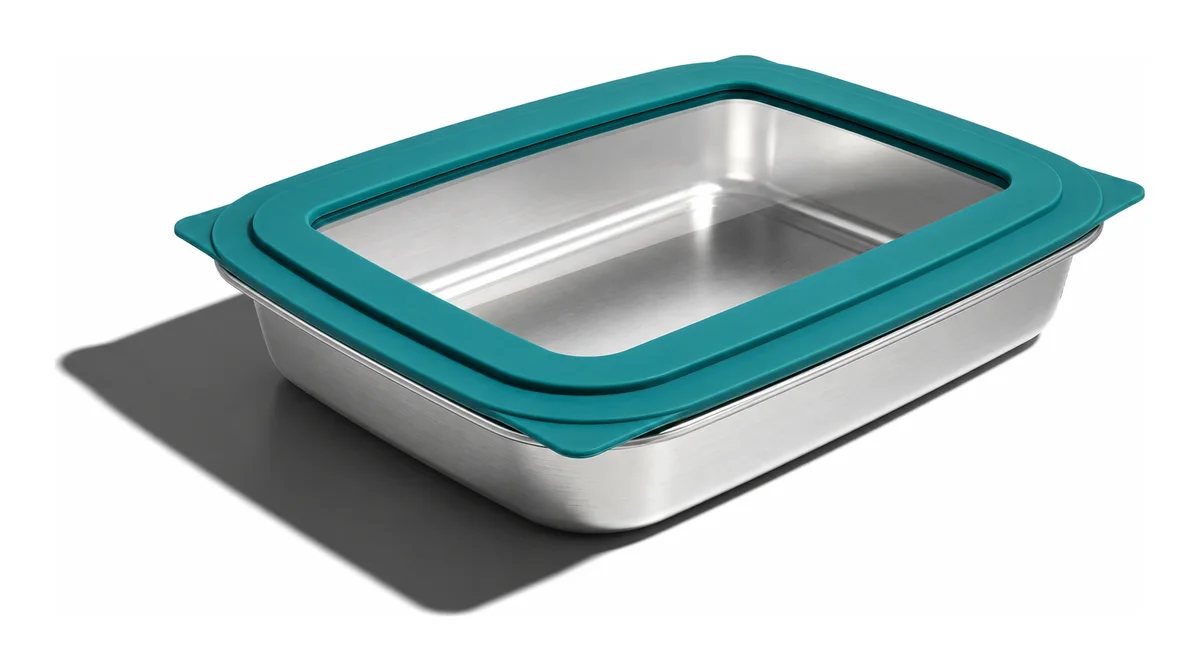 Bac inox RestoPep's GN 1/2 bord roulé, couvercle silicone turquoise