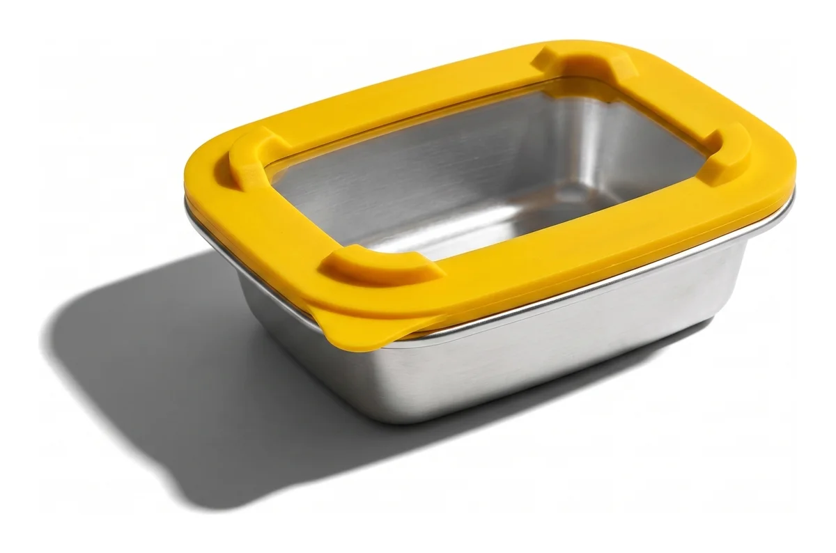 Barquette inox RestoPep's rectangle 360 ml à poignées, couvercle silicone jaune