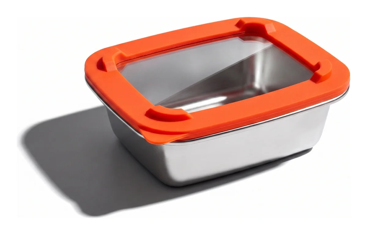 Barquette inox RestoPep's rectangle 600 ml à poignées, couvercle silicone orange